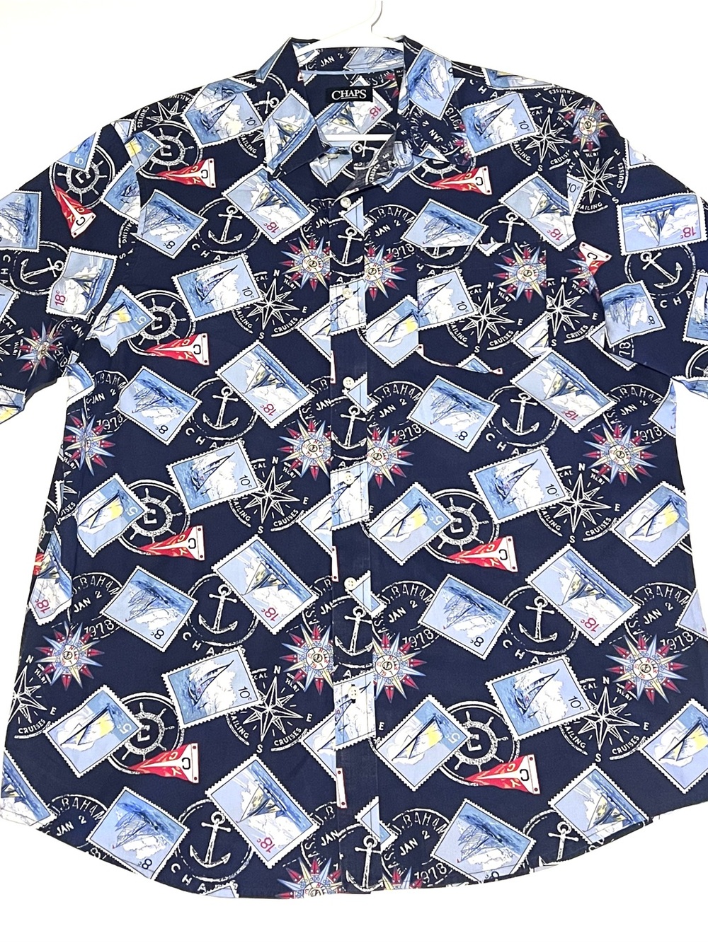 EUC Chaps Men Size XL Shirt Blue Nautical Beach Travel Postage Stamp Button Down